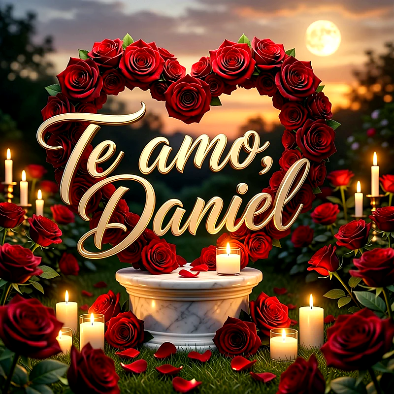 Imagen romántica con un corazón de rosas rojas y velas encendidas, con el mensaje Te amo, Daniel escrito en letras doradas.