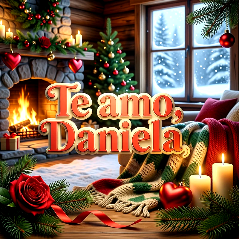 Imagen romántica con chimenea encendida, velas, rosas rojas y árbol navideño con el texto Te amo, Daniela en letras doradas y rojas.