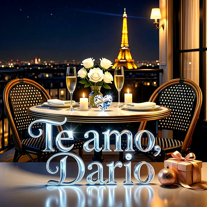 Cena romántica en terraza con vista a la Torre Eiffel iluminada, rosas blancas, velas y el texto Te amo Dario en letras brillantes.