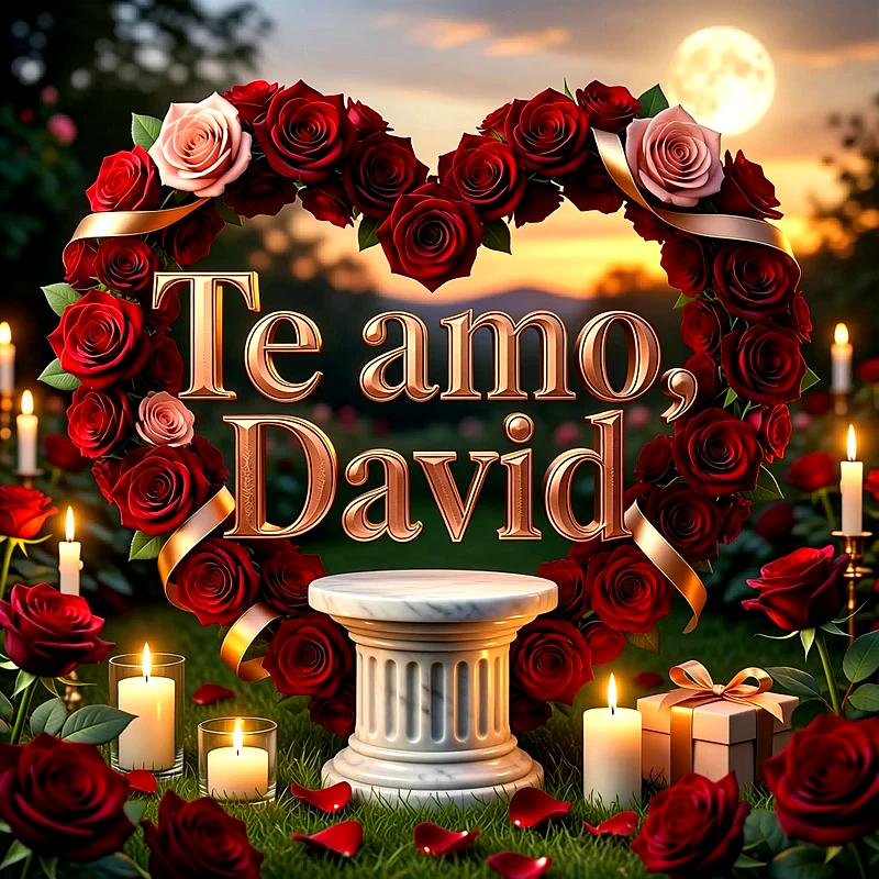 Imagen romántica con un corazón de rosas rojas, velas encendidas y la frase Te amo, David escrita en elegante letra dorada al centro.