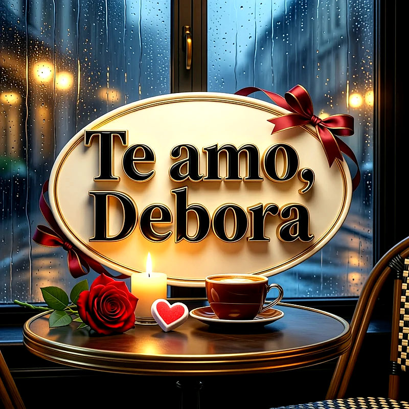 Imagen romántica junto a una ventana lluviosa con una taza de café, vela encendida, rosa roja y letrero con el nombre Debora.