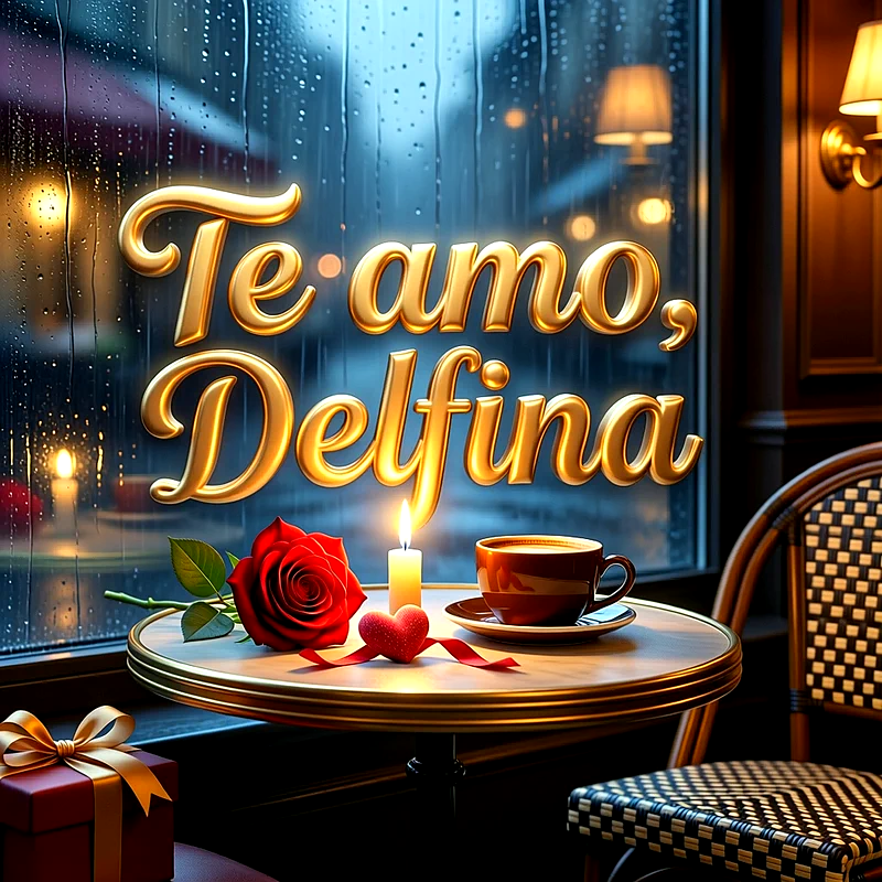 Imagen romántica con café caliente, una rosa roja, vela y gotas de lluvia en la ventana con el nombre Delfina en letras doradas.