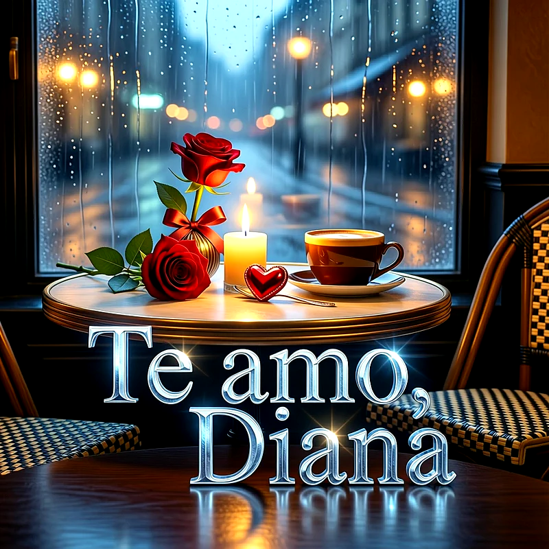 Imagen romántica junto a una ventana con lluvia, rosas rojas, velas encendidas, una taza de café y el texto Te amo Diana.