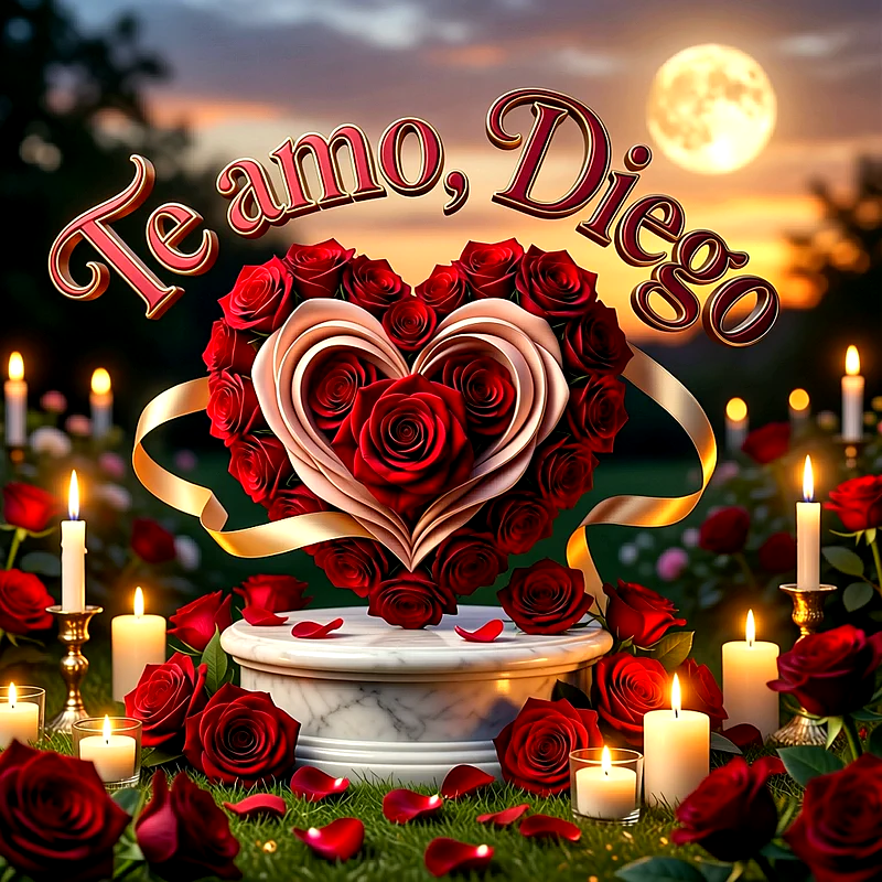 Imagen romántica con arreglo de rosas en forma de corazón, velas encendidas, luna llena y la frase Te amo, Diego en letras elegantes.