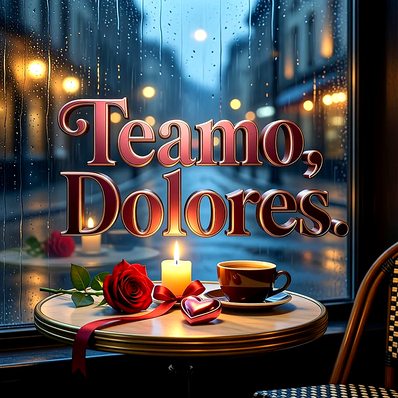 Imagen romántica con una rosa roja, taza de café, vela y corazón en una mesa frente a una ventana lluviosa con el nombre Dolores.