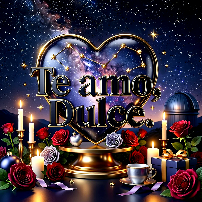 Imagen romántica con corazón de cristal bajo cielo estrellado, rosas rojas, velas y la frase Te amo Dulce.