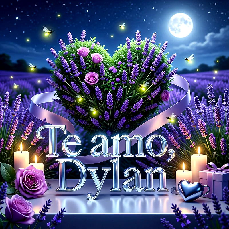 Imagen romántica con corazón de lavanda, rosas púrpuras, velas y luna llena con el texto Te amo Dylan en letras plateadas.