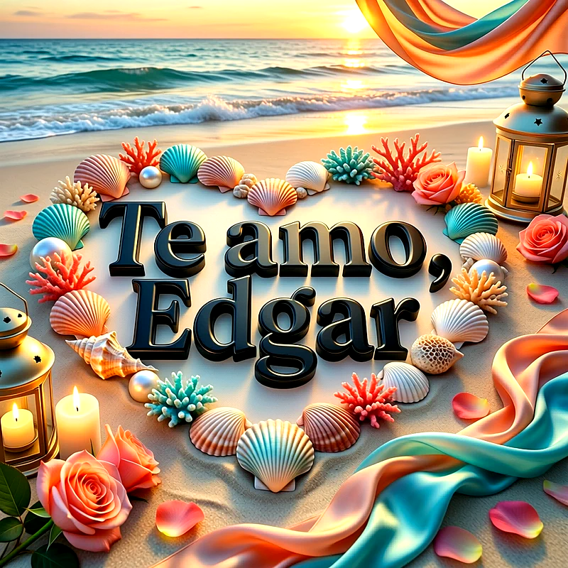Imagen romántica en la playa al atardecer con conchas marinas formando un corazón, velas encendidas, rosas y el nombre Edgar en letras oscuras.