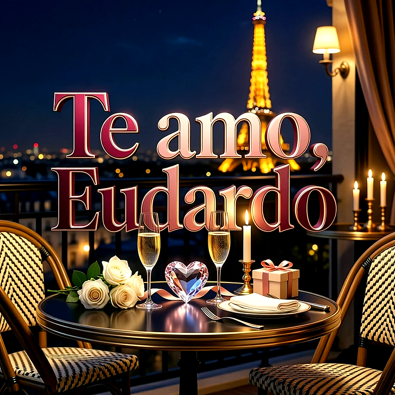 Cena romántica en terraza con vista a la Torre Eiffel iluminada, rosas blancas, velas encendidas y el texto Te amo Eduardo.