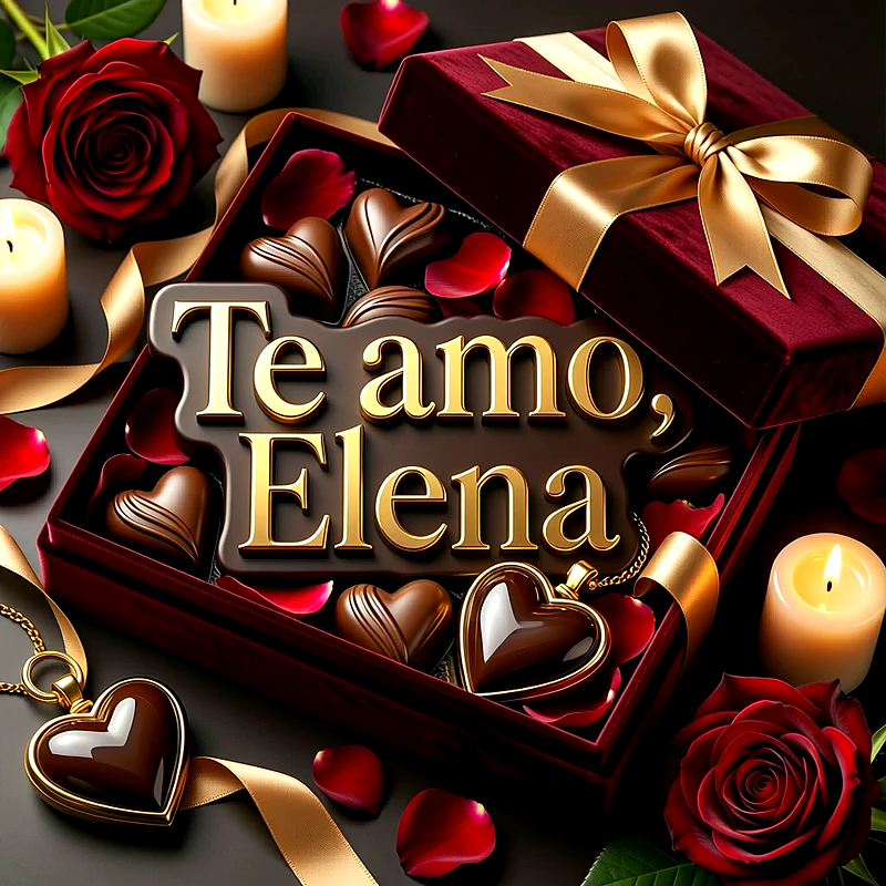 Caja de bombones con forma de corazones, rosas rojas, velas y la frase Te amo, Elena en relieve dorado sobre chocolate.