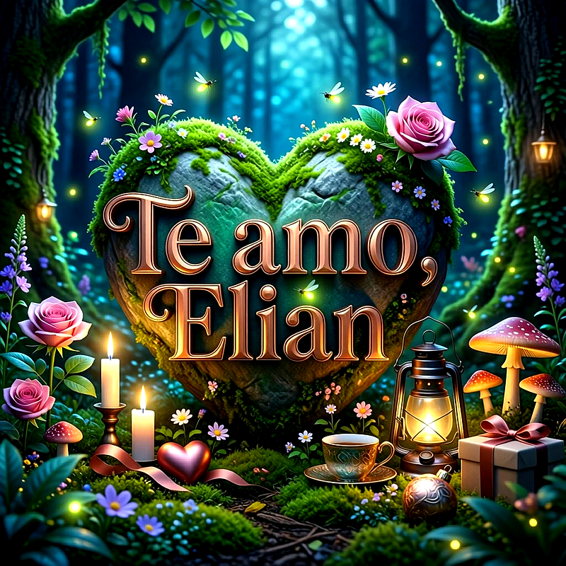 Imagen romántica en un bosque mágico con corazón de piedra, rosas rosadas, velas y linterna con el nombre Elian en letras doradas.