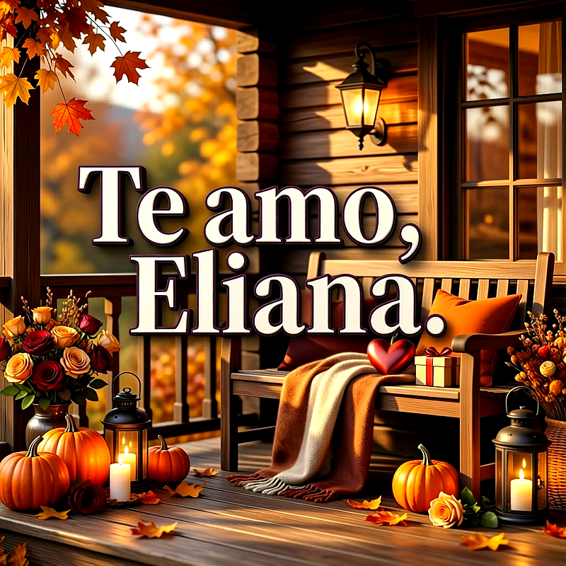 Imagen romántica en porche de madera otoñal con velas, calabazas, flores y faroles, con el texto Te amo, Eliana en letras claras.