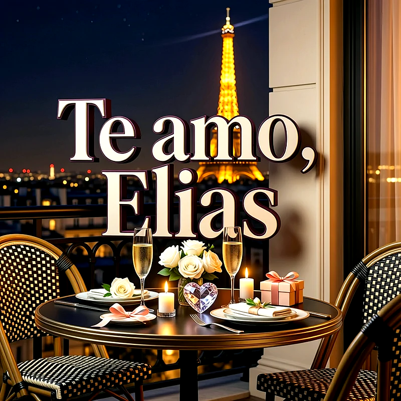 Cena romántica en balcón parisino frente a la Torre Eiffel iluminada con velas, flores y el texto Te amo Elias.
