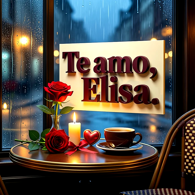 Mesa de cafetería junto a ventana con lluvia, rosas rojas, taza de café, vela encendida y cartel con Te amo Elisa.
