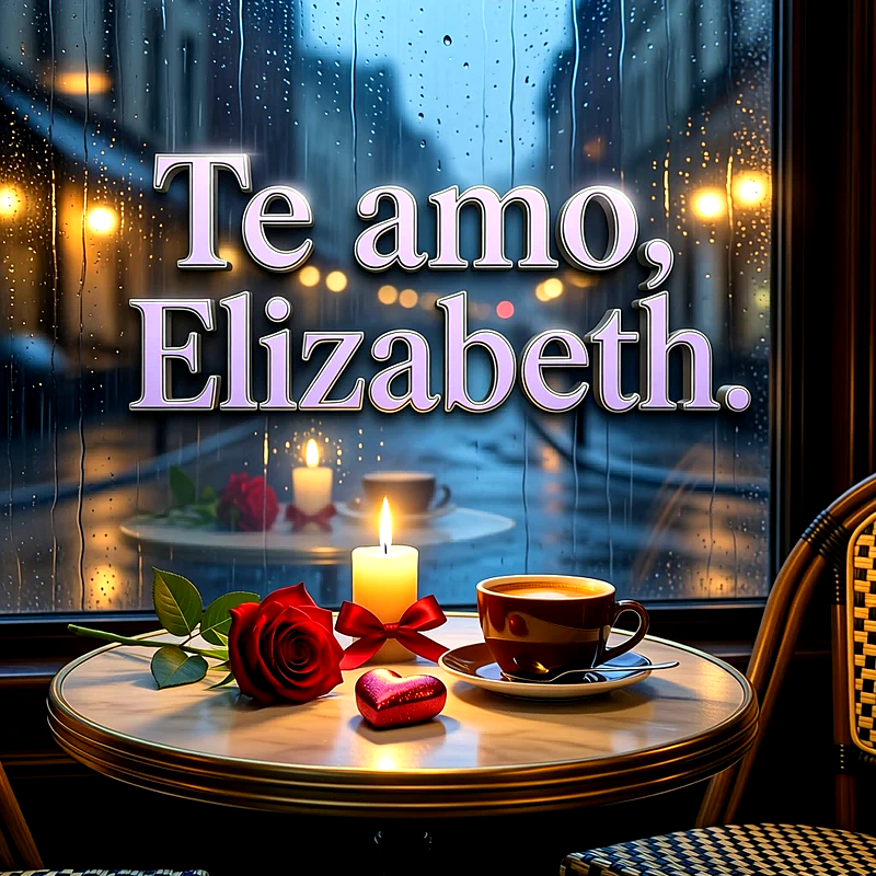 Imagen romántica junto a una ventana con lluvia, taza de café, rosa roja y vela encendida con la frase Te amo Elizabeth.