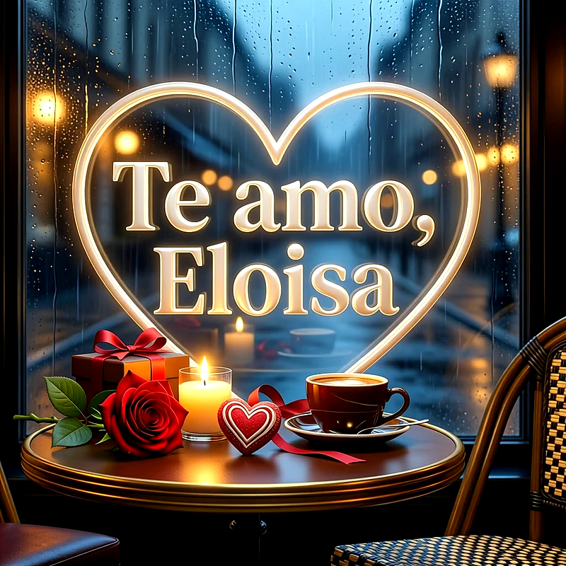 Imagen romántica con corazón luminoso en ventana con lluvia, rosa roja, taza de café, vela y el nombre Eloisa.