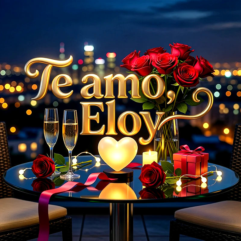 Cena romántica nocturna con rosas rojas, copas, luces de ciudad y la frase Te amo Eloy en letras doradas brillantes.