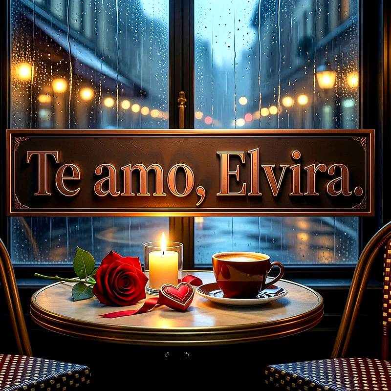 Imagen romántica junto a una ventana lluviosa con café, vela encendida y rosa roja, con el letrero Te amo, Elvira en letras doradas.
