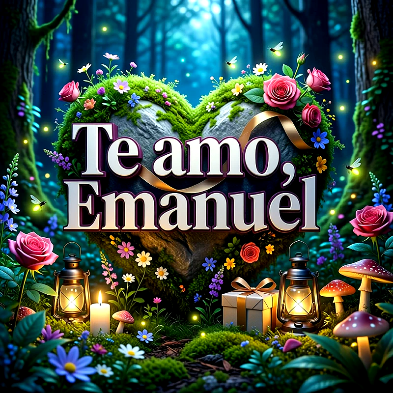 Imagen romántica en un bosque mágico con corazón de musgo, flores, faroles y el texto Te amo Emanuel en letras blancas.