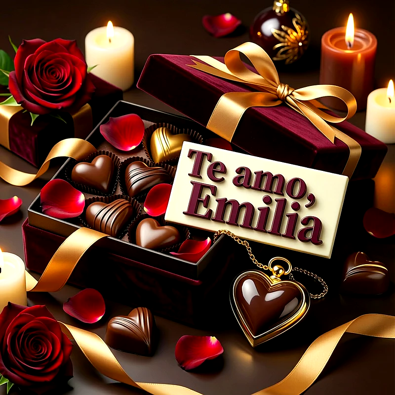 Caja de bombones de chocolate en forma de corazón con rosas rojas, velas encendidas y tarjeta con el nombre Emilia escrito.