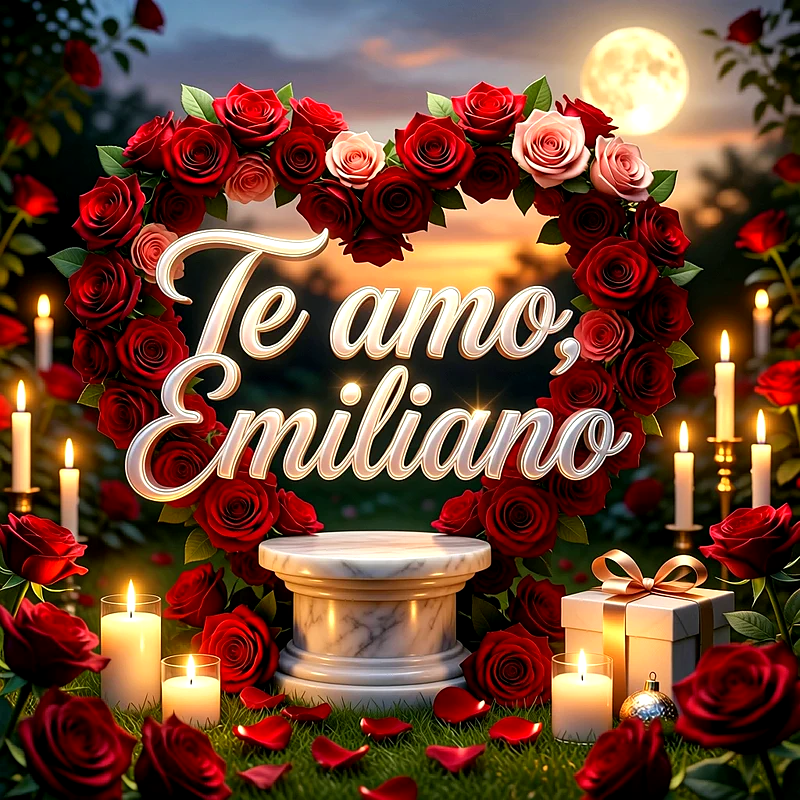Imagen romántica con corazón de rosas rojas, velas encendidas, luna llena y pedestal, con el texto Te amo Emiliano en letras blancas y doradas.
