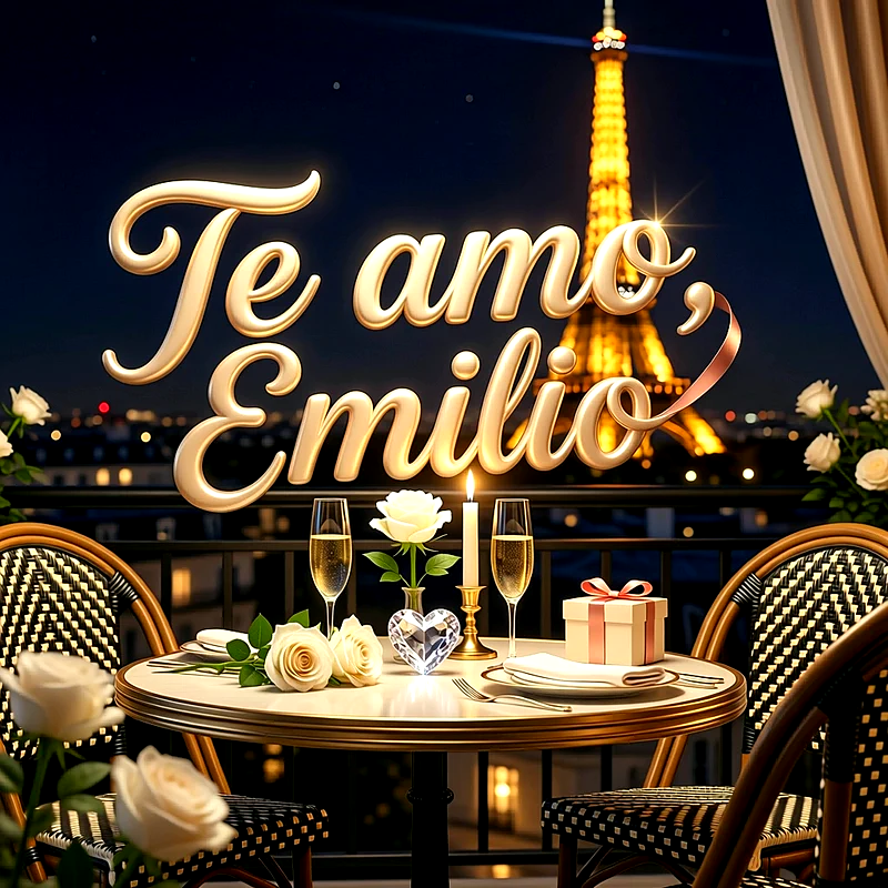 Cena romántica en una terraza con rosas blancas, copas y la Torre Eiffel iluminada, con la frase Te amo, Emilio en letras doradas.