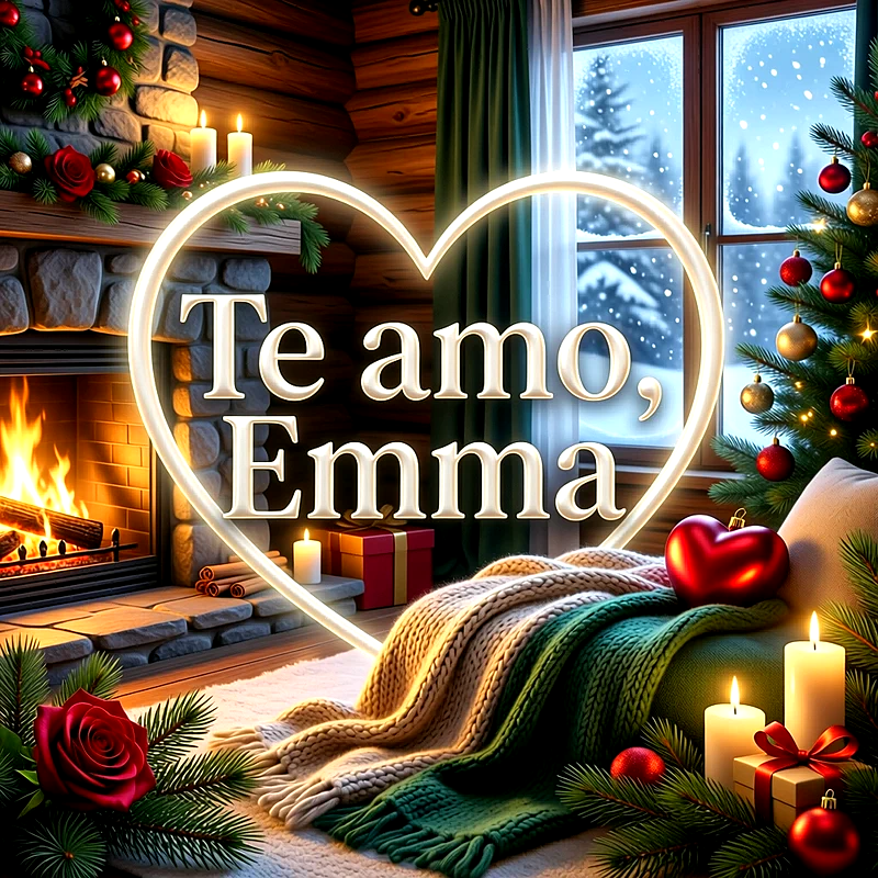 Imagen romántica con chimenea acogedora, velas, corazón luminoso y la frase Te amo Emma en letras blancas elegantes.