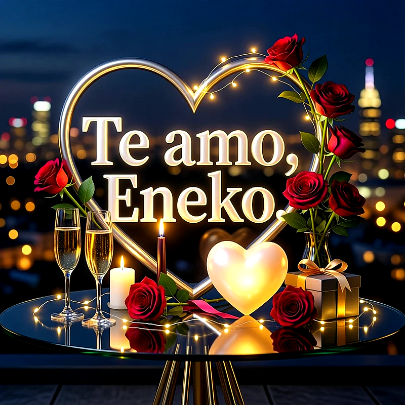 Imagen romántica nocturna con rosas rojas, velas y un corazón dorado brillante con la frase Te amo, Eneko escrita al centro.