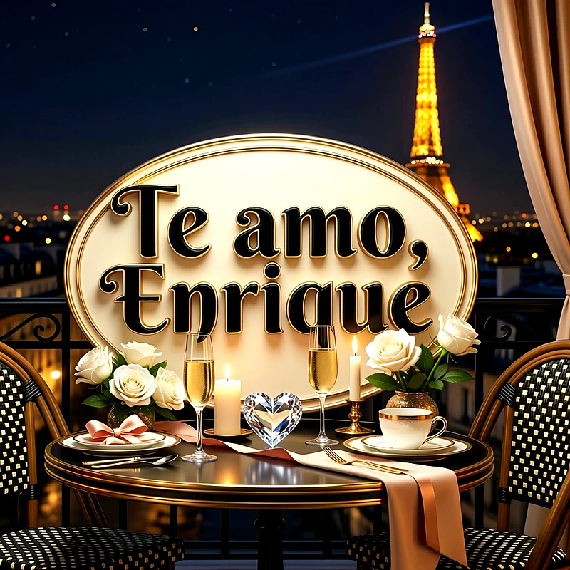 Cena romántica en terraza nocturna con vistas a la Torre Eiffel, rosas blancas, velas y el nombre Enrique en un marco dorado.