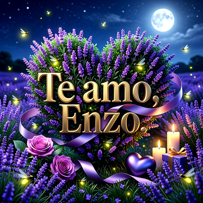 Imagen romántica nocturna con un corazón de lavanda, rosas púrpuras, velas y luna llena con el texto Te amo, Enzo en letras doradas.