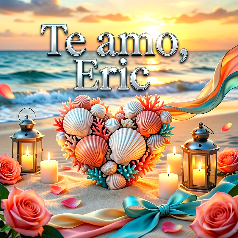 Imagen romántica en la playa al atardecer con velas, rosas y corazón de conchas con el texto Te amo, Eric.