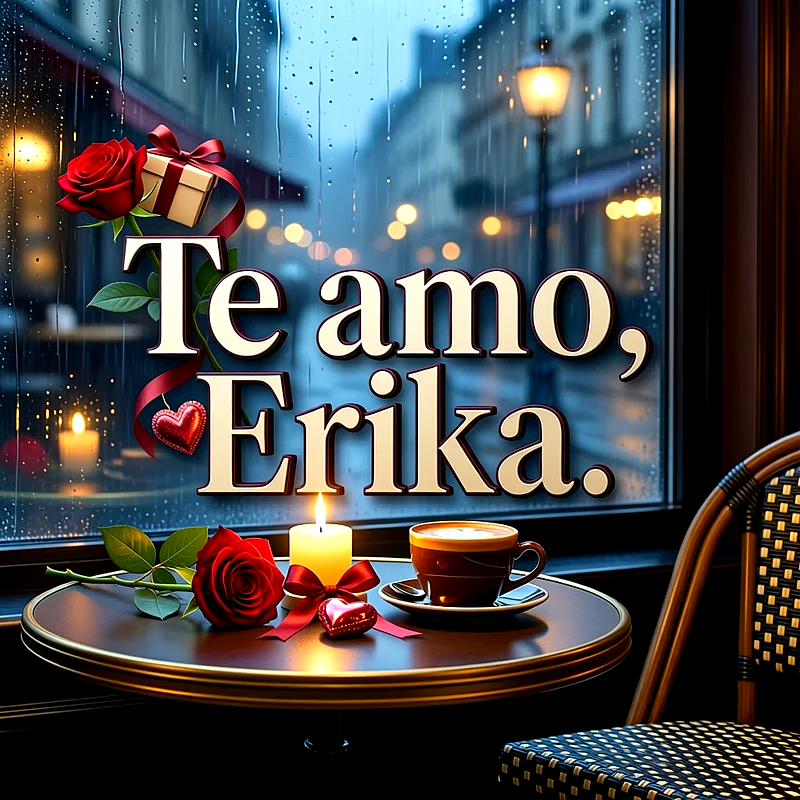 Imagen romántica con el nombre Erika junto a una taza de café, velas encendidas y rosas rojas en un ventanal lluvioso.
