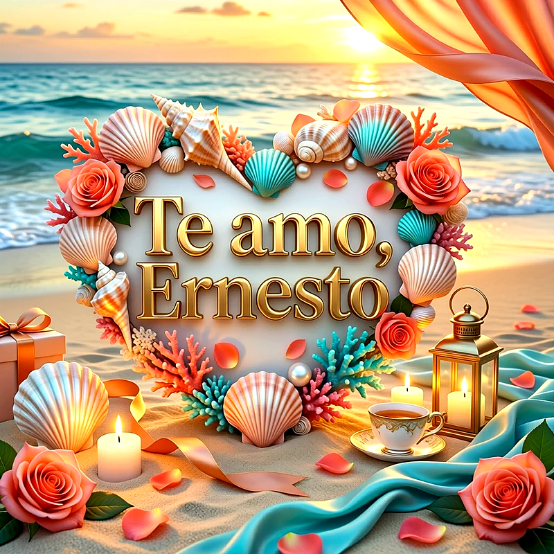 Imagen romántica en la playa con corazón de conchas marinas, rosas, velas y la frase Te amo Ernesto en letras doradas.