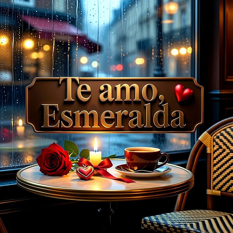 Imagen romántica junto a una ventana lluviosa con rosa roja, vela encendida, taza de café y letrero con Te amo, Esmeralda.