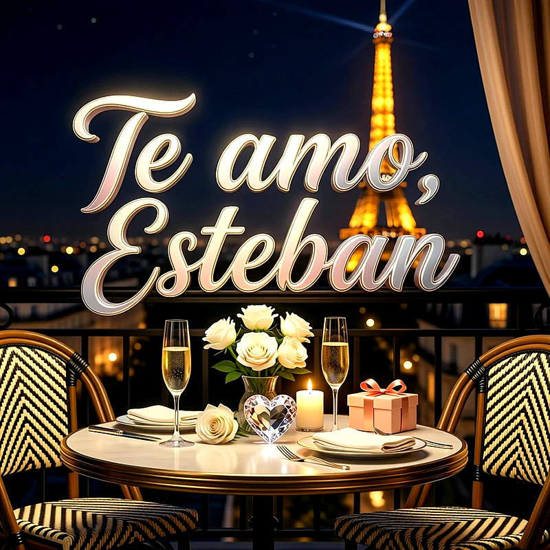 Imagen romántica nocturna en balcón con rosas blancas, velas y vista a la Torre Eiffel con la frase Te amo Esteban.