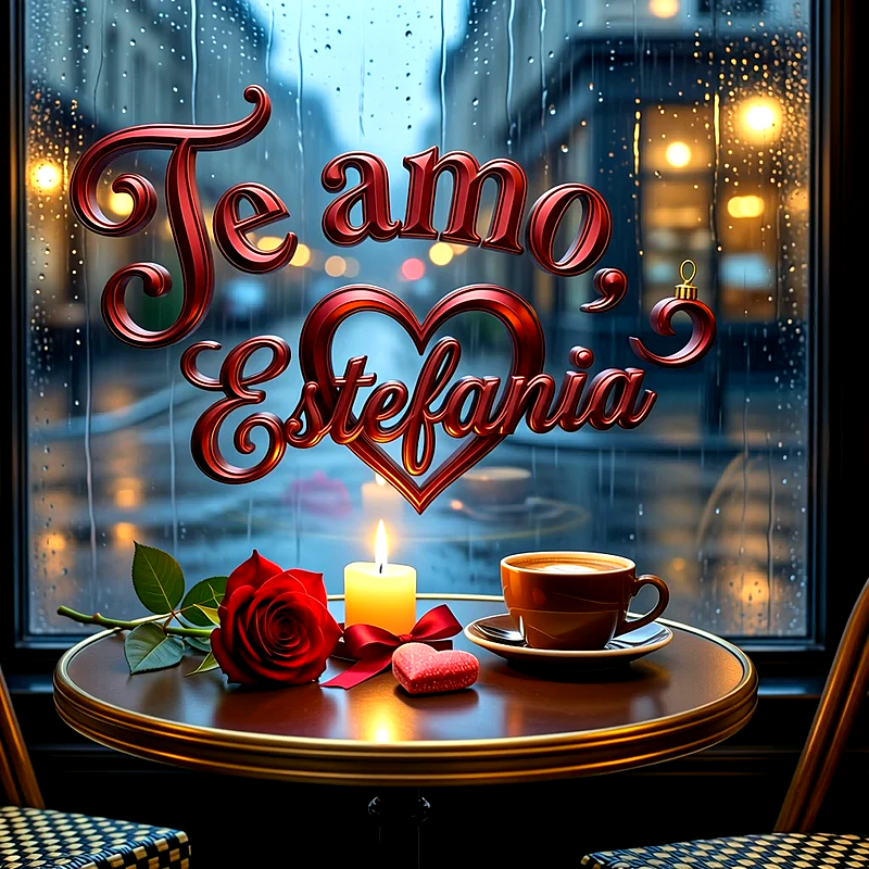 Imagen romántica con rosa roja, vela encendida, taza de café y lluvia en la ventana, con el texto Te amo Estefania en relieve rojo.