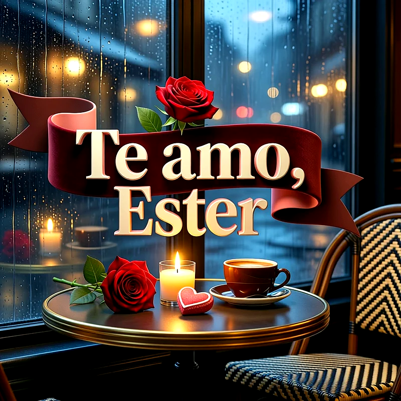 Imagen romántica en un café con lluvia, rosas rojas, taza de café, vela encendida y la frase Te amo, Ester en cinta roja.