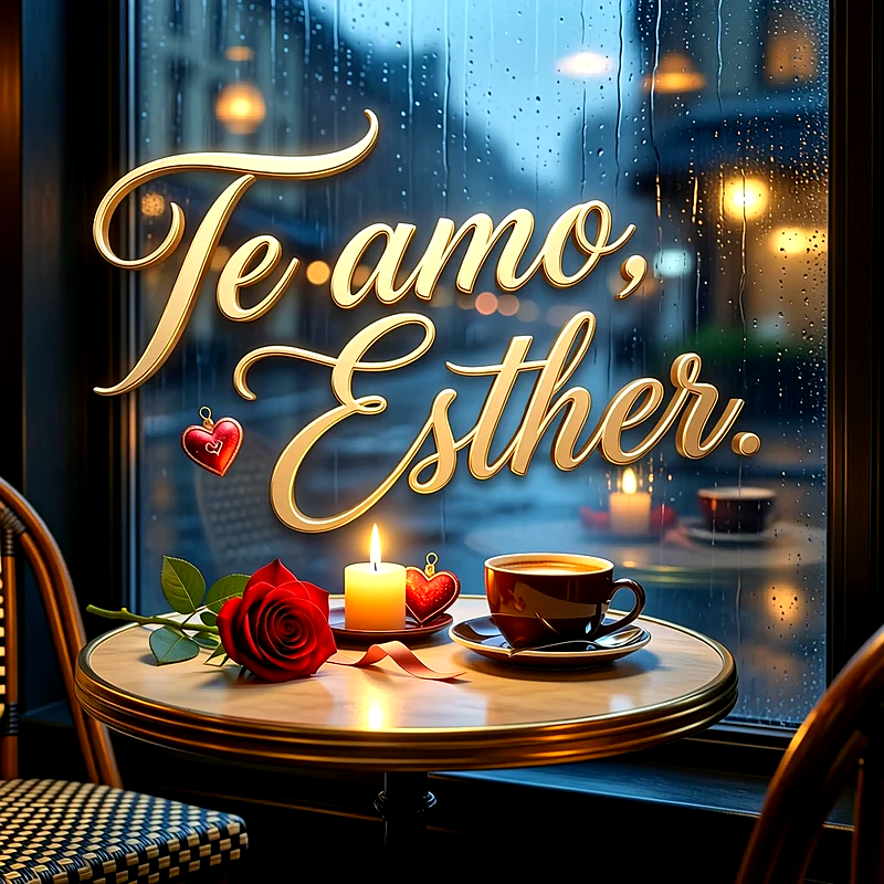 Imagen romántica junto a una ventana lluviosa con rosa roja, vela y café, con la frase Te amo, Esther en letras doradas.