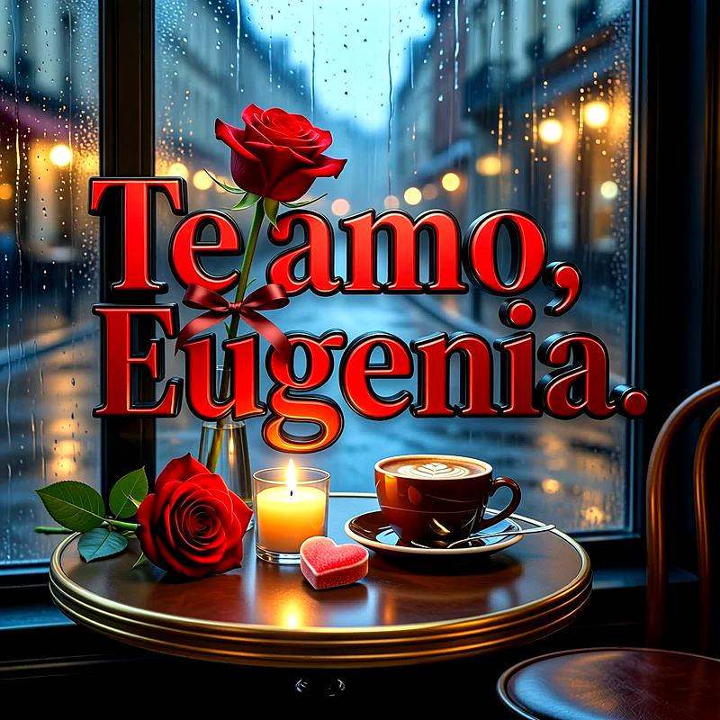 Imagen romántica con rosas rojas, café y vela junto a una ventana con lluvia, mostrando la frase Te amo, Eugenia en letras rojas.