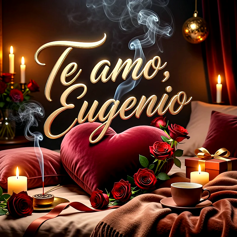 Imagen romántica con cojín de corazón rojo, rosas rojas y velas encendidas, con la frase Te amo Eugenio en letras doradas.