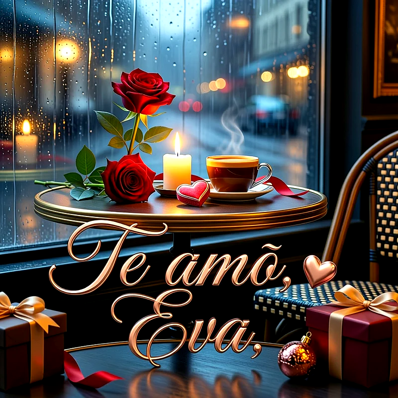 Imagen romántica junto a una ventana con lluvia, rosas rojas, taza de café, vela encendida, regalos y el texto Te amo Eva en letras doradas.