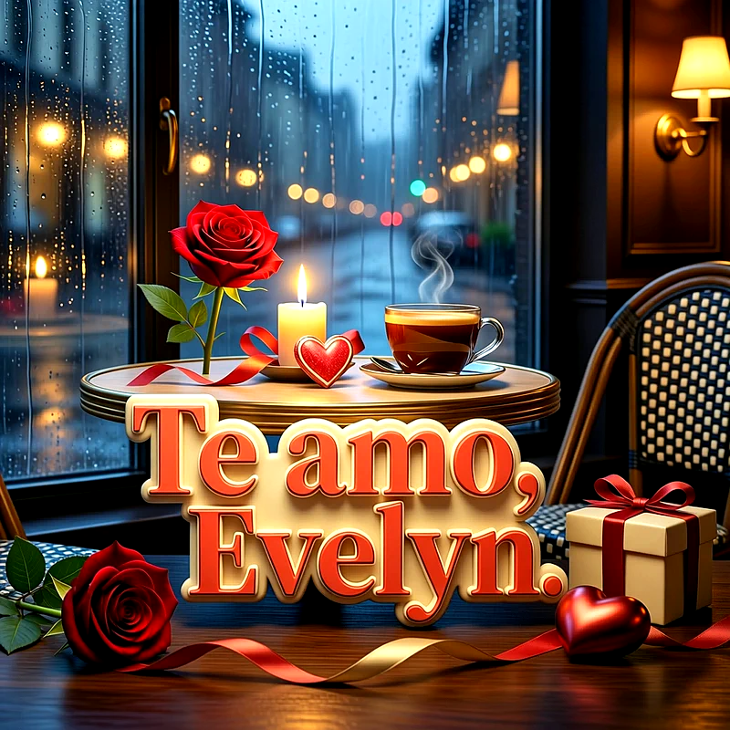 Imagen romántica con una rosa roja, una vela encendida y una taza de café junto a una ventana lluviosa, con el nombre Evelyn escrito en el centro.
