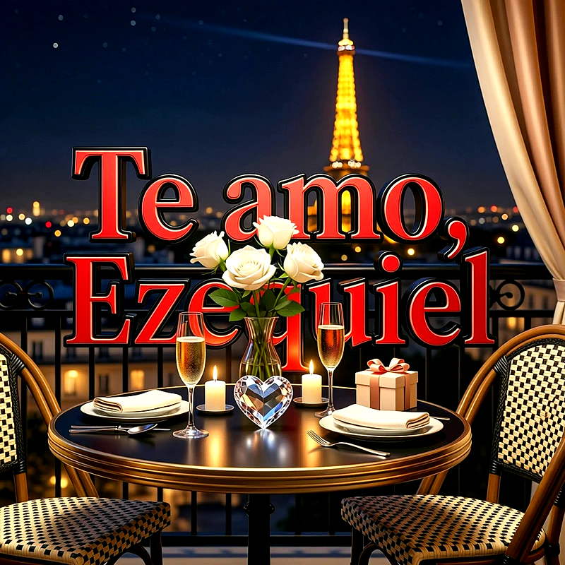 Cena romántica en terraza con vista a la Torre Eiffel iluminada, rosas blancas, velas y el texto Te amo, Ezequiel en letras rojas.