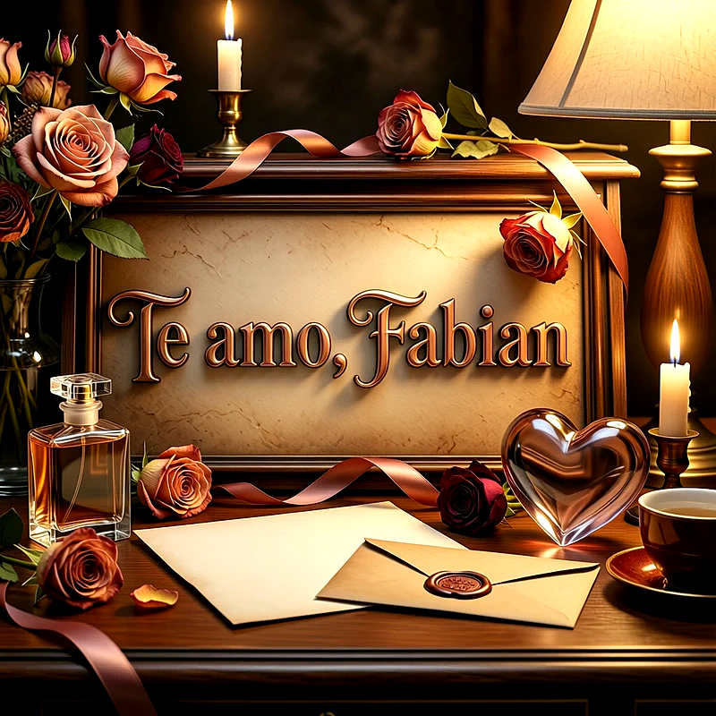 Imagen romántica con marco de madera, rosas, velas encendidas, cartas y corazón de cristal con el texto Te amo, Fabian.