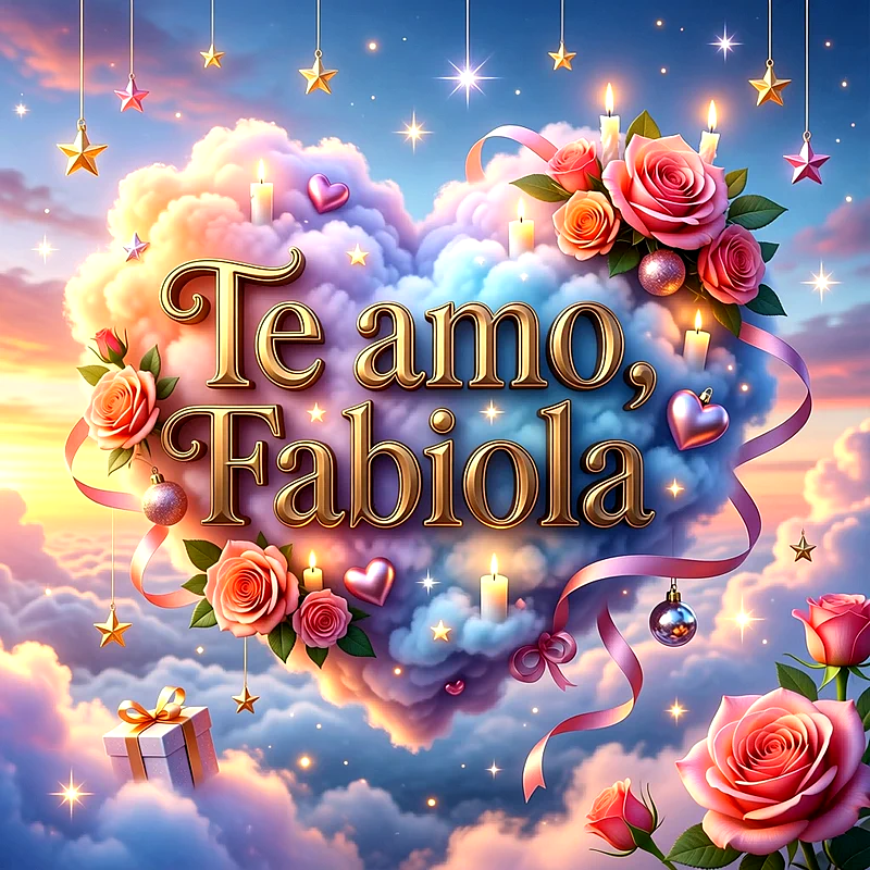 Imagen romántica con corazón de nubes, rosas rosadas, velas y estrellas doradas con el texto Te amo Fabiola.