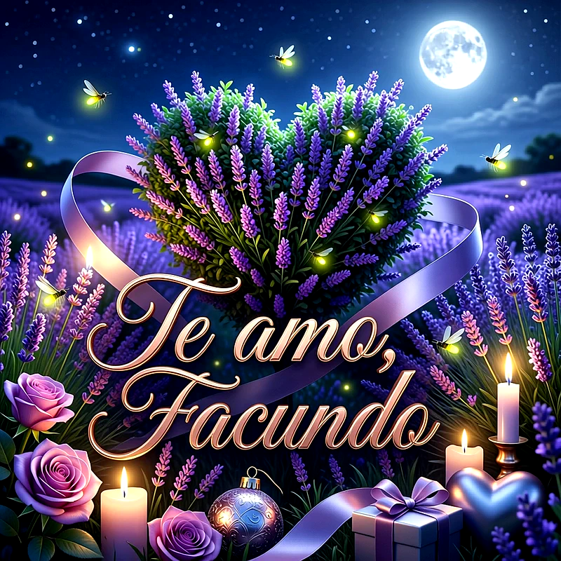 Imagen romántica nocturna con flores de lavanda en forma de corazón, luna llena, rosas, velas y el nombre Facundo destacado al frente.