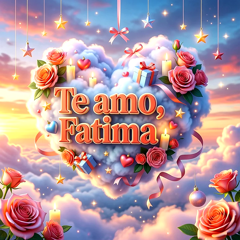 Imagen romántica con nubes en forma de corazón, rosas rosadas, velas y estrellas, con la frase Te amo Fatima al centro.