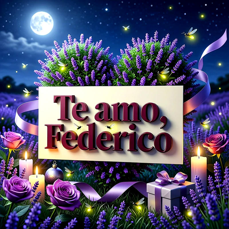 Imagen romántica nocturna con flores moradas, rosas, velas y luna llena, con el cartel Te amo Federico en el centro.