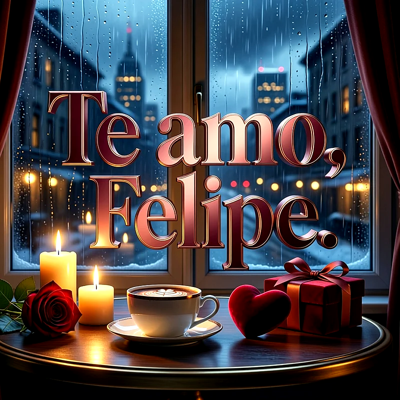 Imagen romántica junto a una ventana lluviosa con velas encendidas, una taza de café, una rosa roja y el texto Te amo Felipe al centro.