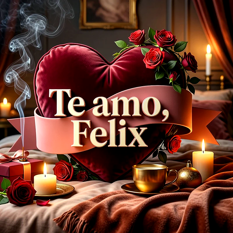 Imagen romántica con un corazón de terciopelo rojo, velas encendidas, rosas y una cinta con la frase Te amo Felix escrita en letras doradas.